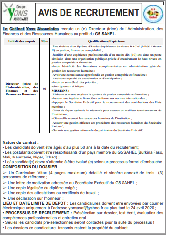 Recrutement de 01Directeur (trice) de l’Administration, des Finances et des Ressources Humaines